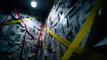 Mysterious room filled with documents and caution tape in low light setting