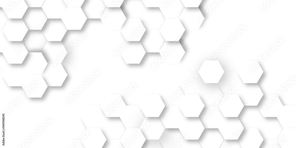 Poster Abstract hexagon background. Futuristic abstract honeycomb mosaic white technology background. Surface polygon pattern with glowing hexagon paper texture and futuristic business. graphic concept.	
