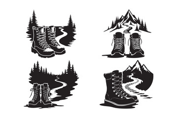 Hiking Boots Silhouette with Mountain Trails Outdoor Adventure Vector Art