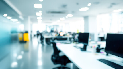 Fototapeta premium Modern office workspace with blurred activity and computer screens during work hours
