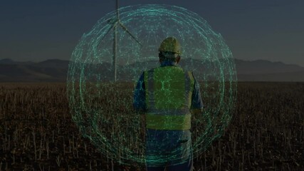 man monitoring agriculture data on farmland, with digital network sphere overlay near wind turbine - Powered by Adobe
