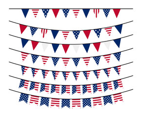 American flag themed vector bunting and garland set. Memorial, labor day. Independence day, 4th July. Birthday, anniversary. Vector illustration
