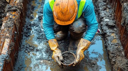 Construction Worker Examining Soil Sample in Trench