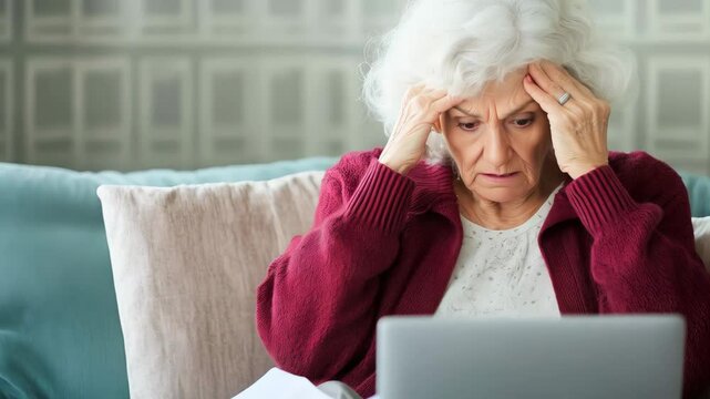 Upset senior woman looking at laptop while holding her head in her hands, confused by technology and having trouble with computer for healthcare