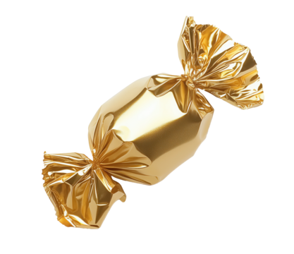 Golden wrapped candy on transparent background, ideal for festive designs