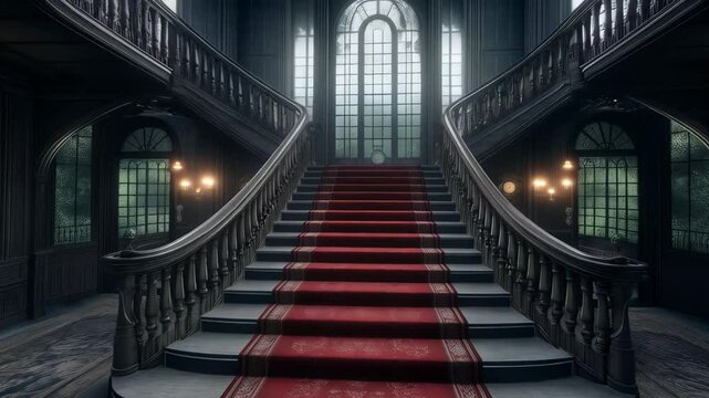 Elegant curved staircase with red carpet inside a grand old mansion, portraying luxury and opulence of a stately house or hotel for aristocratic style.