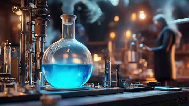 Flask with blue liquid in a dimly lit steampunk style laboratory, with a man in background working with equipment, concept of experiment, science, or invention process, dark atmosphere.