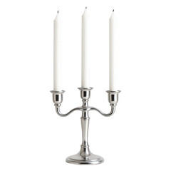 Polished silver metal candelabra centerpiece featuring three slender white candles, adding a touch of classic elegance.