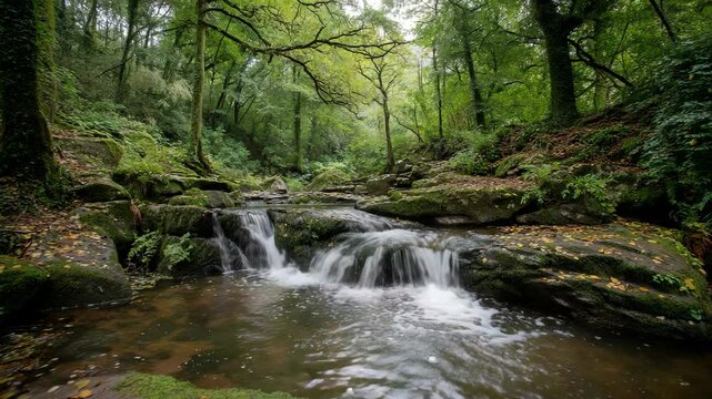 Cascading waterfall flows over moss covered rocks in lush woodland scenery landscape background image