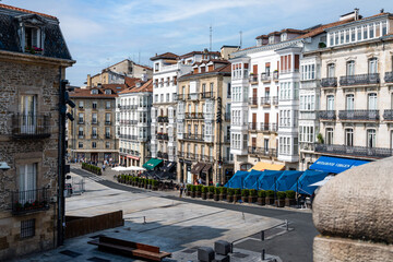 Vitoria, Spain-September 6, 2024. Historic City Square in Vitoria-Gasteiz, Basque Country, with Outdoor Cafes and Classic Architecture