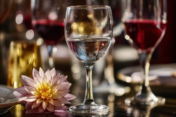 Close-up of water in a glass with wine glasses and a beautiful flower in the background.