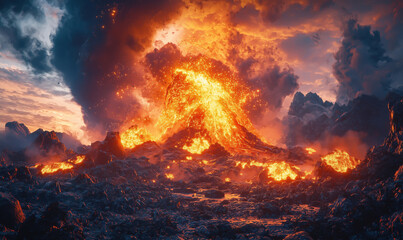 Erupting volcano spewing lava and ash against dramatic sunset sky.