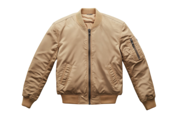Stylish tan bomber jacket classic design zip closure perfect autumn style soft fabric neutral color