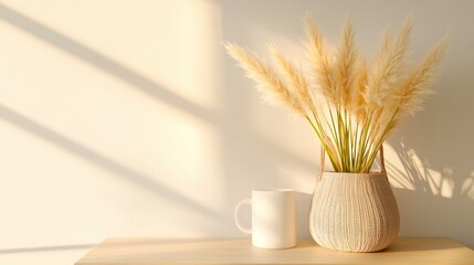 A minimalist interior scene featuring a decorative vase filled with pampas grass, paired with a simple white mug on a wooden table, Ideal for lifestyle, home decor, or design-related projects,