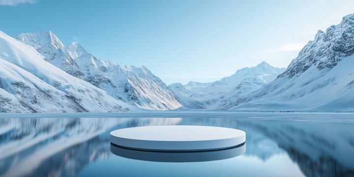 Snowy mountain landscape with reflective lake and circular platform for presentations.