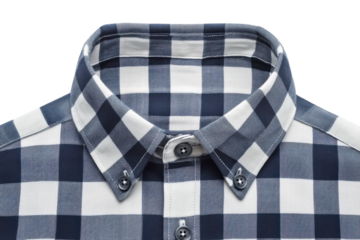 Stylish navy blue and white checkered shirt crisp collar button detail close up view