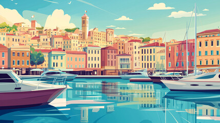 Fototapeta premium Illustration, view on marseille harbor in France, touristic advertisement poster, travel poster. Beautiful must-see tourist travel destination in the south of France. Popular european travel spot.