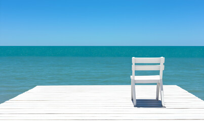 Obraz premium White chair on a dock against the turquoise sea and clear sky. Minimal and peaceful scenic view