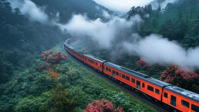 Scenic train journey through misty mountain valley. Lush greenery, vibrant flowers, and a winding path