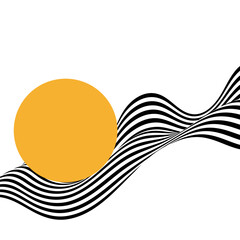 Abstract background of black and white wavy stripes with orange circle on a white background. Illusion. Eps 10