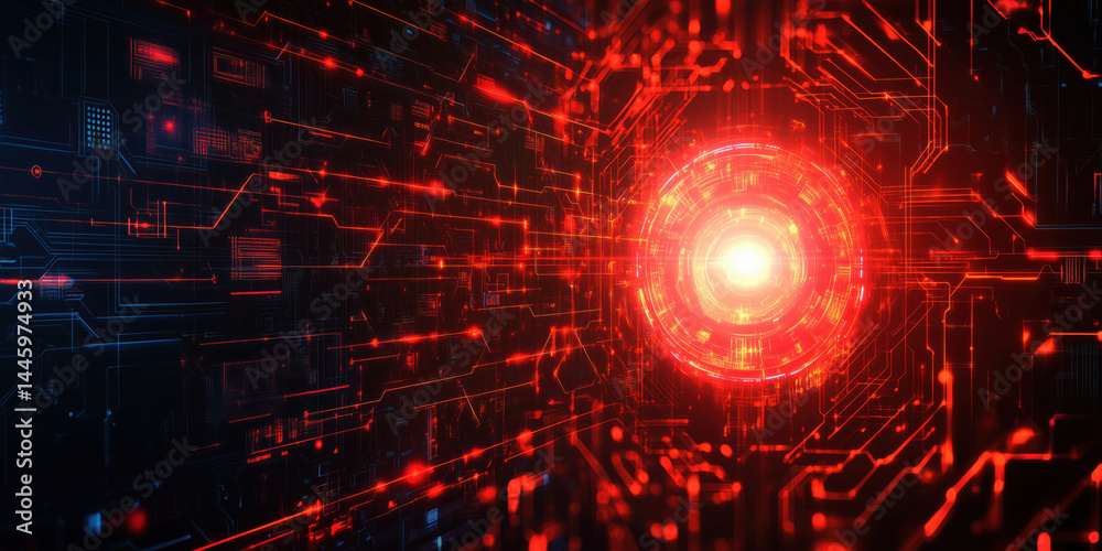 Poster futuristic digital tunnel with glowing red core and intricate circuit patterns.