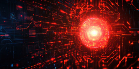 Obraz premium Futuristic digital tunnel with glowing red core and intricate circuit patterns.