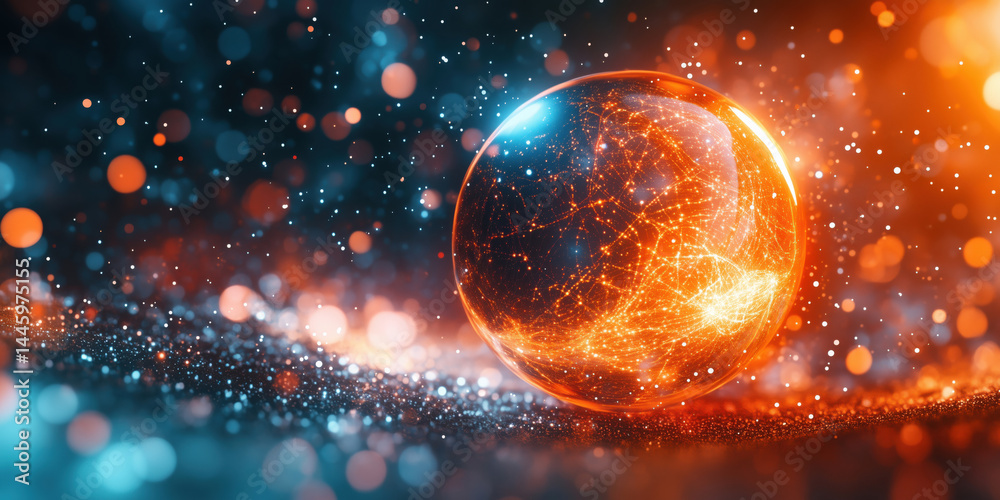 Poster glowing abstract sphere with intricate network patterns and vibrant bokeh background.
