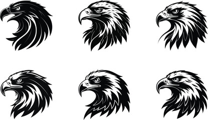 Black vector set of eagle head illustration, a wild animal design