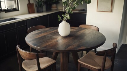 Round wooden dining table with four chairs in a modern kitchen.  A white vase with branches sits on the table. Dark cabinets and light countertops are visible