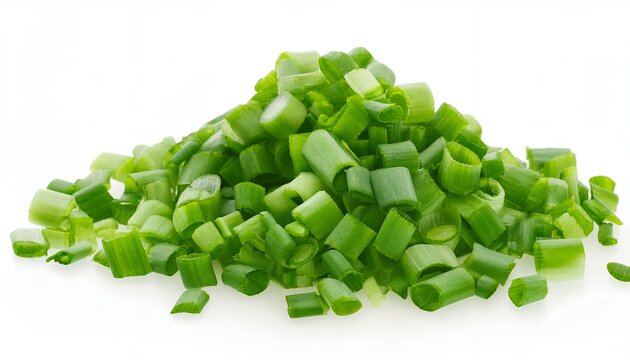 A pile of neatly arranged green onions, chopped and displayed on a clean white background, highlighting their vibrant green color and texture.