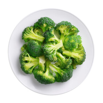 Steamed broccoli florets on white plate with transparent background