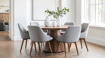 Modern dining room with light, minimalist decor.  Round wooden table, gray upholstered chairs, white vases with greenery