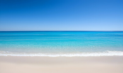 Obraz premium Beach scene. Azure sea meets sandy shore under a clear blue sky, creating a serene coastal landscape