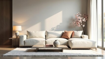 Serene Living Room Interior Design with Modern Sectional Sofa and Soft Natural Light