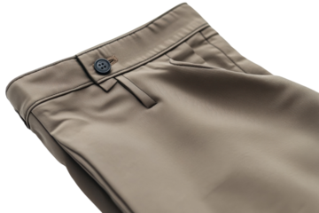 High quality taupe chinos close up detail showing subtle texture and a dark button Stylish men s