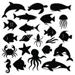 Black Marine Animal Silhouettes Vector Collection