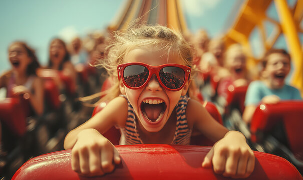 Excited girl on roller coaster enjoying thrilling amusement park ride with friends.