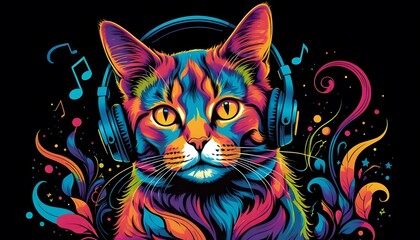 Psychedelic t-shirt design of a colorful cat listening to music on a black background