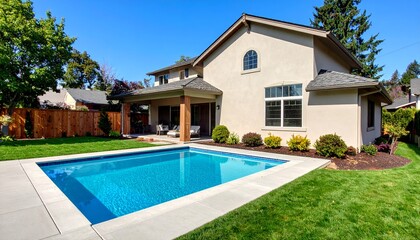 Modern Suburban Home with Backyard Swimming Pool. A beige suburban home with large windows, a gable roof, and a backyard featuring a rectangular pool, concrete deck, and lush green landscaping.