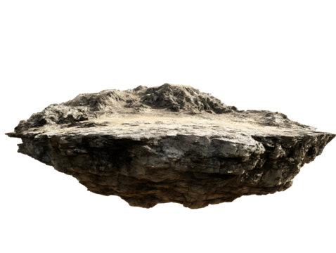 Floating rock formation with layered textures, tan ground, and transparent background