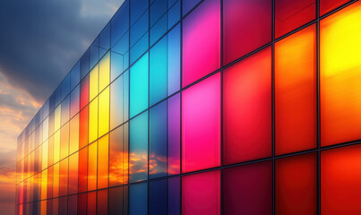 Colorful Reflections on Modern Glass Building Facade at Sunset.