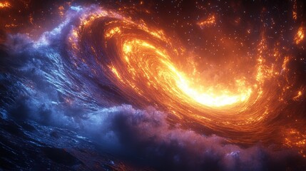 A mesmerizing cosmic wave merging fiery orange hues with deep blue ocean depths in a surreal space landscape