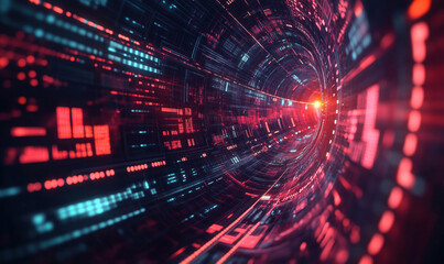 Obraz premium Futuristic digital tunnel with glowing data streams and vibrant colors.