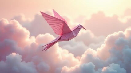 A Delicate Pink Origami Bird Soaring Through a Dreamlike, Pastel Sky at Sunset