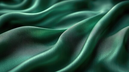 Fototapeta premium Luxurious emerald green silk fabric creating soft, flowing waves with intricate texture and sheen under soft lighting