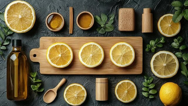 Fresh citrus fruit and natural ingredients on dark background.  Arrangement of lemon slices, olive oil, honey, cinnamon sticks, and greenery.  Sustainable, eco-friendly presentation