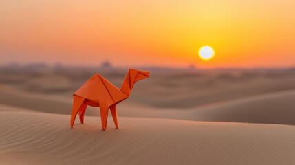 Origami camel stands on sandy dunes against vibrant sunset, creating serene and artistic atmosphere