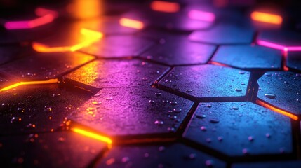 A vibrant and futuristic hexagonal tile surface illuminated with colorful neon lights and subtle water droplets