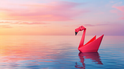 Vibrant pink origami flamingo floats gracefully on calm water during stunning sunset, creating serene atmosphere