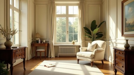 Serene Sunlight Illuminates a Tranquil Room with Elegant Furnishings and Natural Light Streaming Through Large Windows
